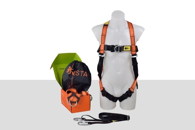 ARESTA MEWP Kit 2 - Double Point Safety Harness - 2m Adjustable Webbing Lanyard - Screw-gate Carabiner x2 - Pump Bag