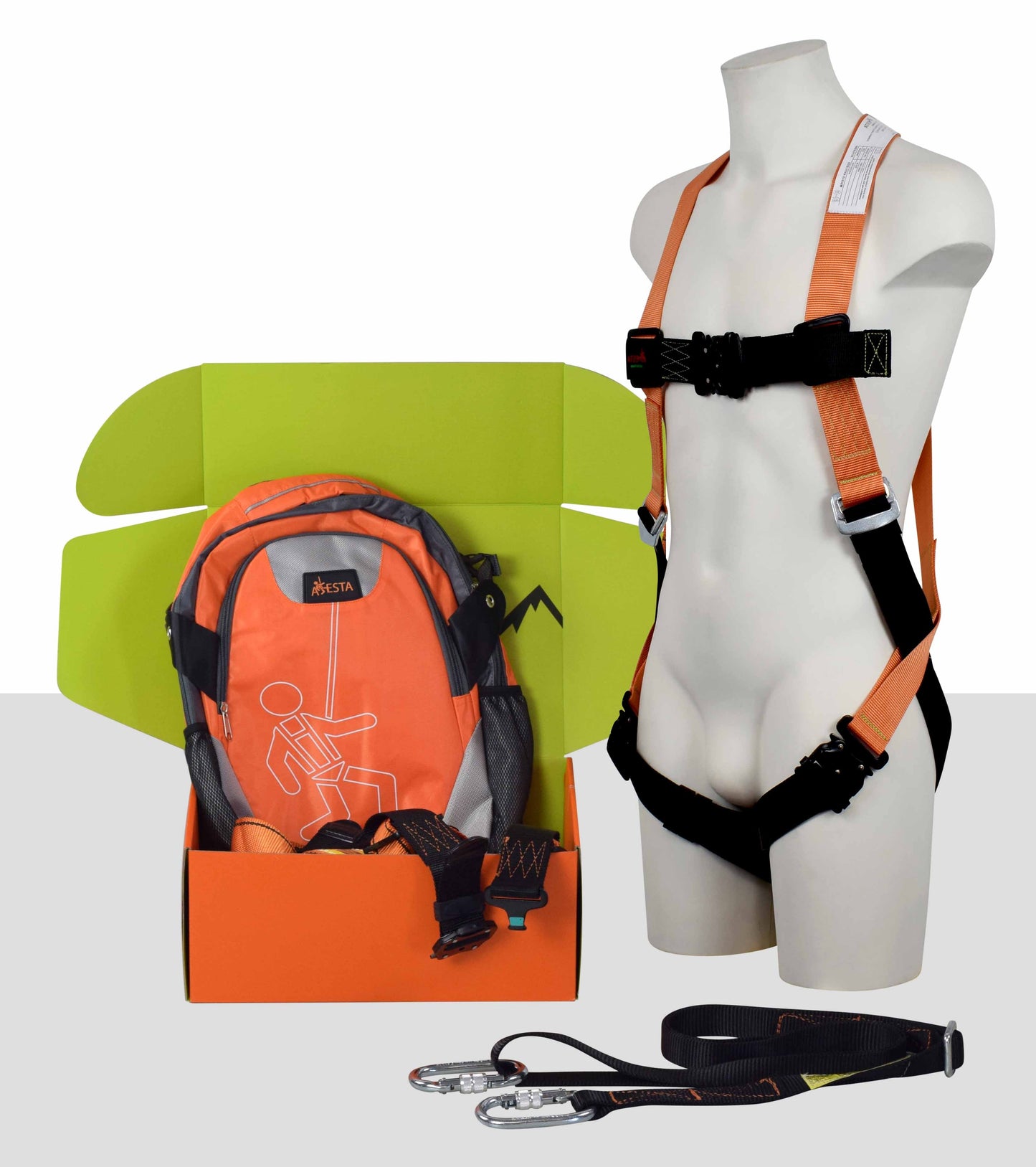 ARESTA MEWP Kit 3 - Single Point Safety Harness - 2m Adjustable Webbing Lanyard - Screw-gate Carabiner x2 - Kit Bag