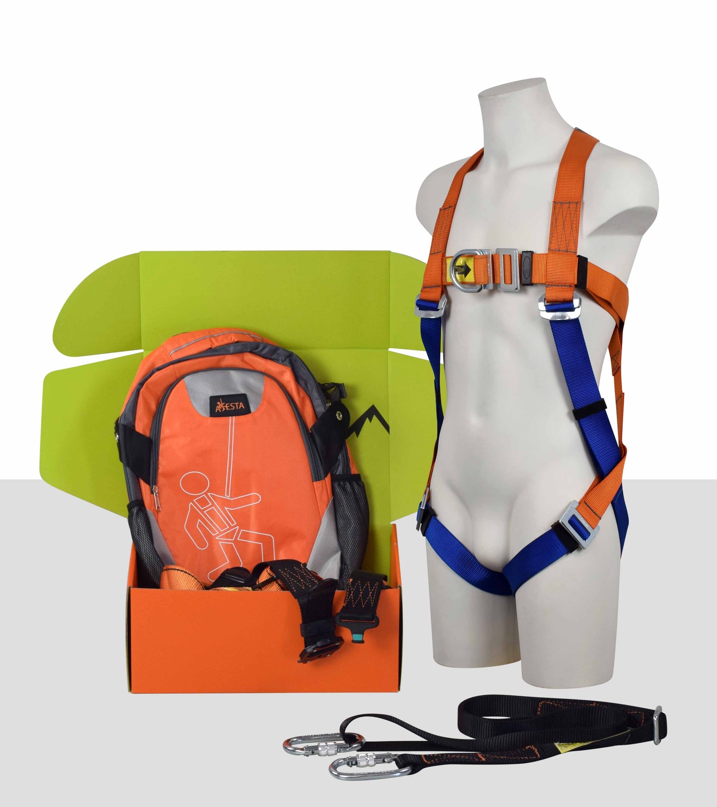 ARESTA MEWP Kit 4S - Double Point Safety Harness - standard buckle - 2m Adjustable Webbing Lanyard - Screw-gate Carabiner x2 - Kit Bag